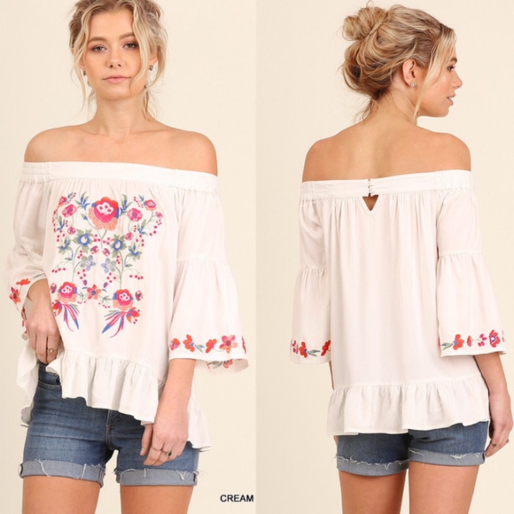 MISTY Off-the-Shoulder Embroidered Floral Bell Sleeve Boho Blouse Cream Small